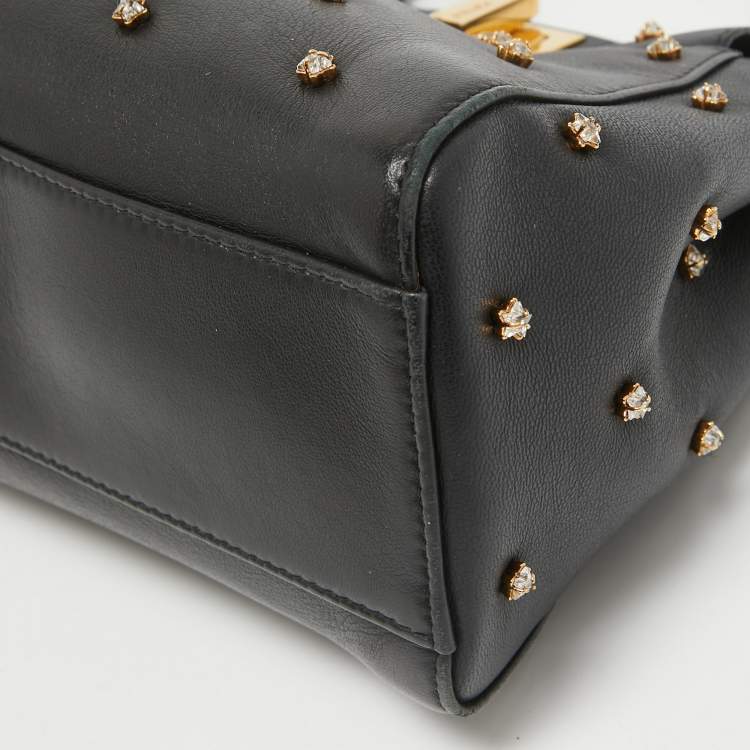 Pre Owned Fendi Black Leather Extra Small Crystal Peekaboo Top Handle Bag