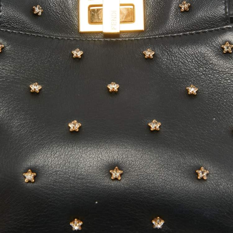 Pre Owned Fendi Black Leather Extra Small Crystal Peekaboo Top Handle Bag