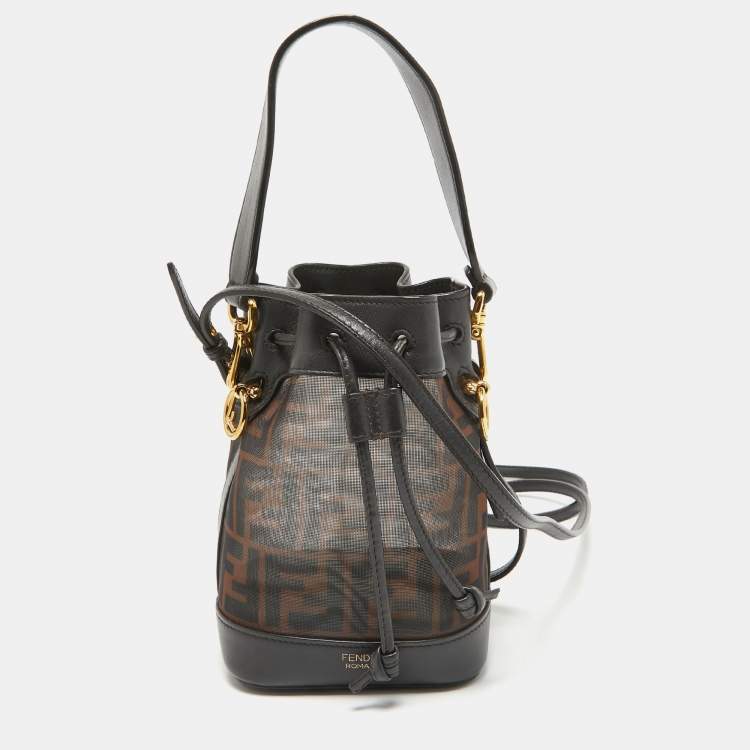 Pre Owned Fendi Tobacco Zucca Mesh and Leather Mini Mon Tresor Bucket Bag