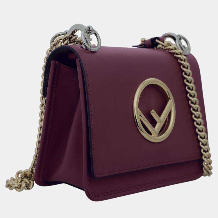 Pre Owned Fendi Maroon Leather Kan F Logo Chain Shoulder Bag 