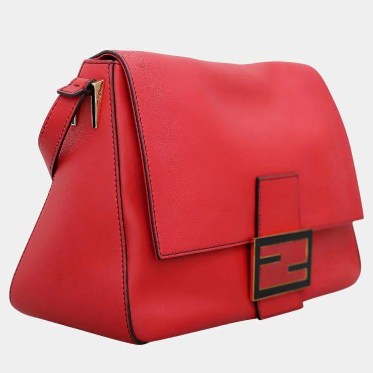Pre Owned Fendi Red Leather Mamma Baguette Flap Shoulder Bag 
