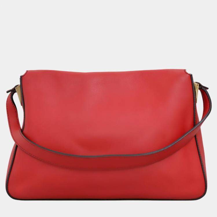 Pre Owned Fendi Red Leather Mamma Baguette Flap Shoulder Bag 
