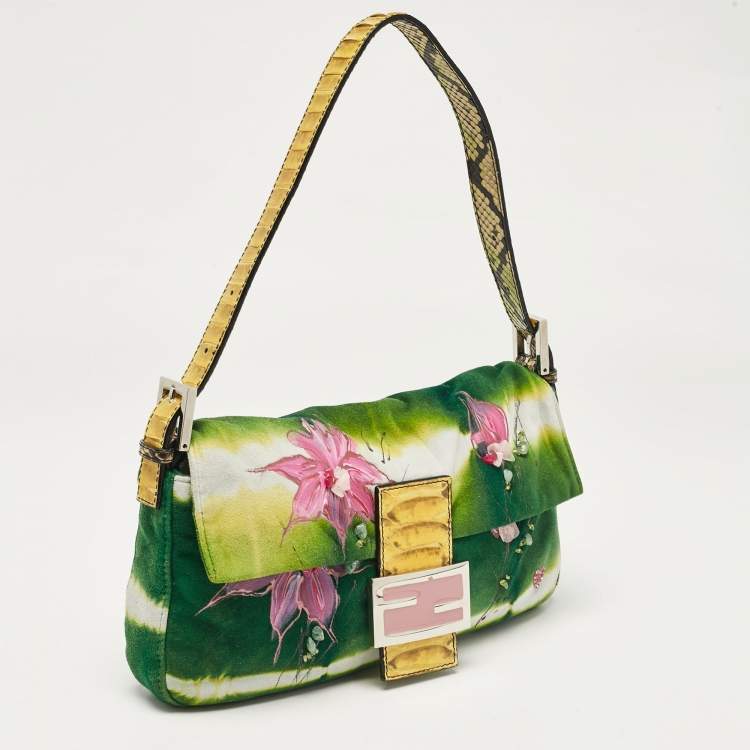 Pre Owned Fendi Multicolor Suede and Python Floral Embellished Baguette Bag