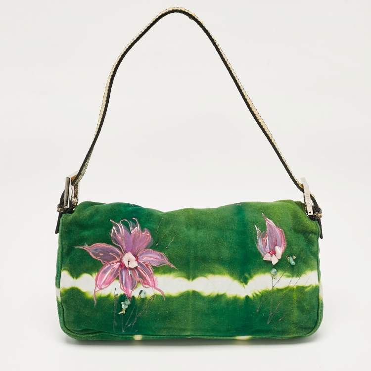 Pre Owned Fendi Multicolor Suede and Python Floral Embellished Baguette Bag