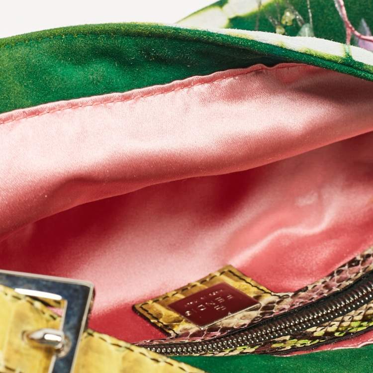 Pre Owned Fendi Multicolor Suede and Python Floral Embellished Baguette Bag