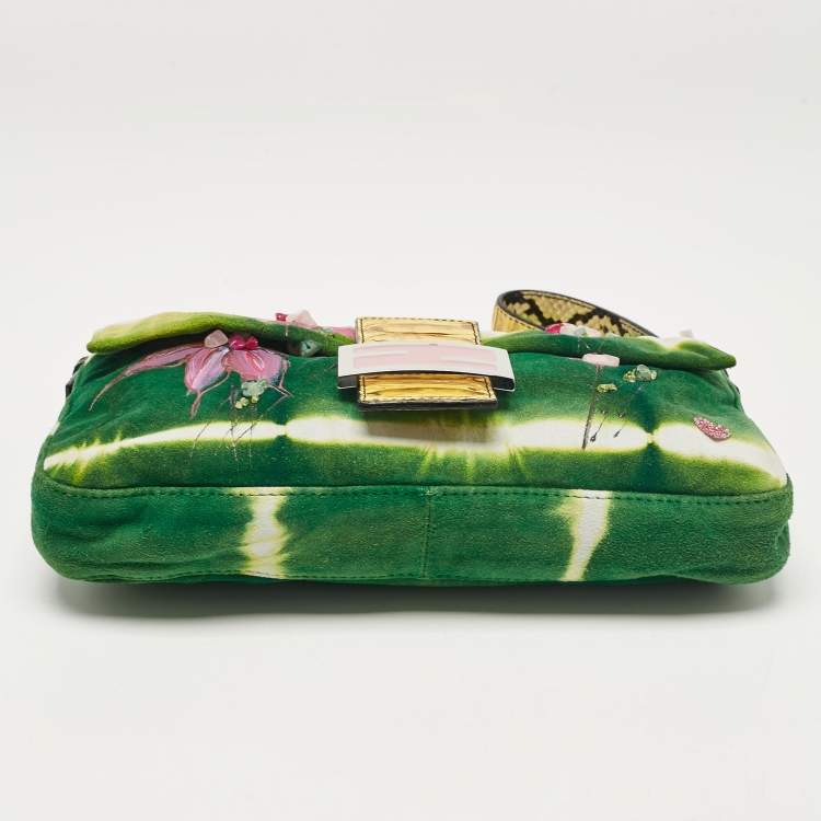 Pre Owned Fendi Multicolor Suede and Python Floral Embellished Baguette Bag