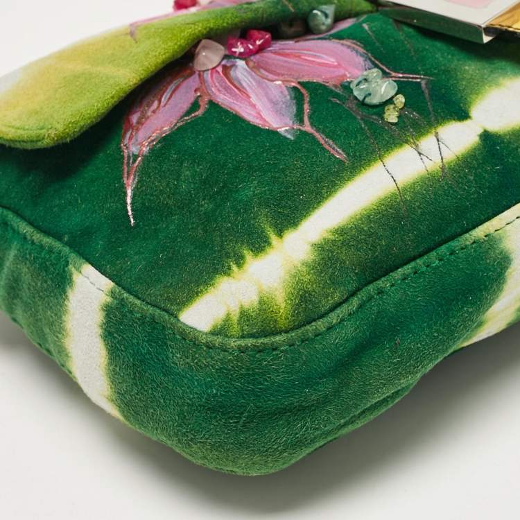 Pre Owned Fendi Multicolor Suede and Python Floral Embellished Baguette Bag