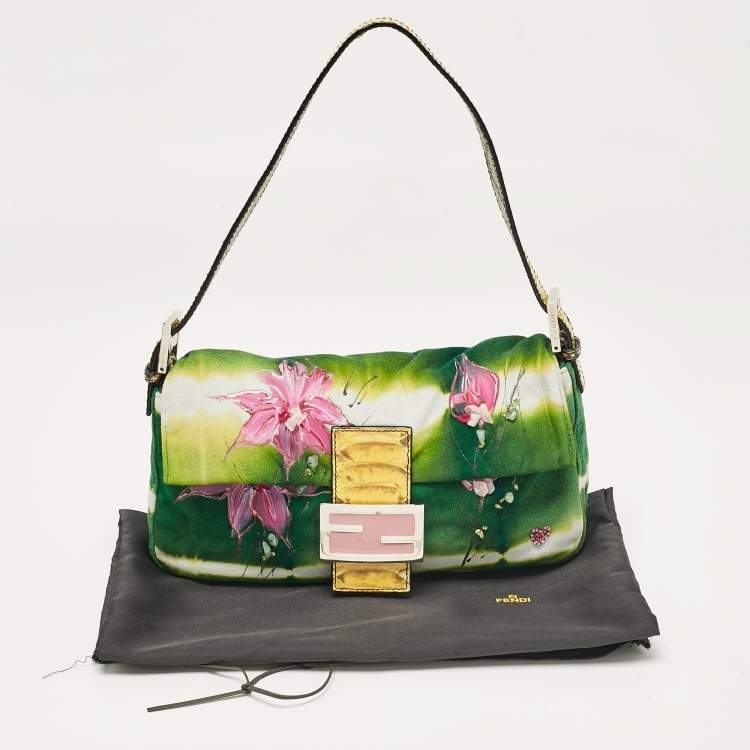 Pre Owned Fendi Multicolor Suede and Python Floral Embellished Baguette Bag