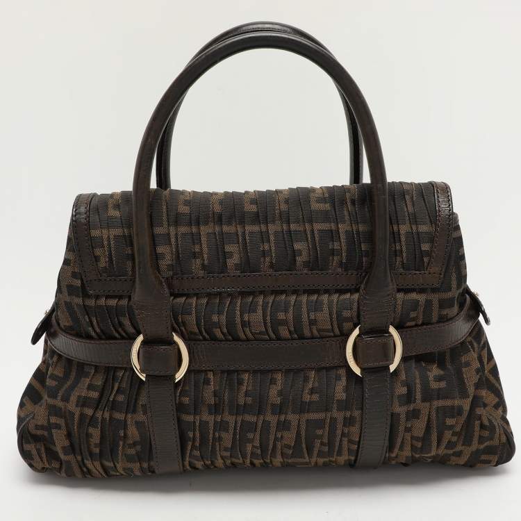 Pre Owned Fendi Brown Pleated FF Zucca Canvas and Leather Satchel
