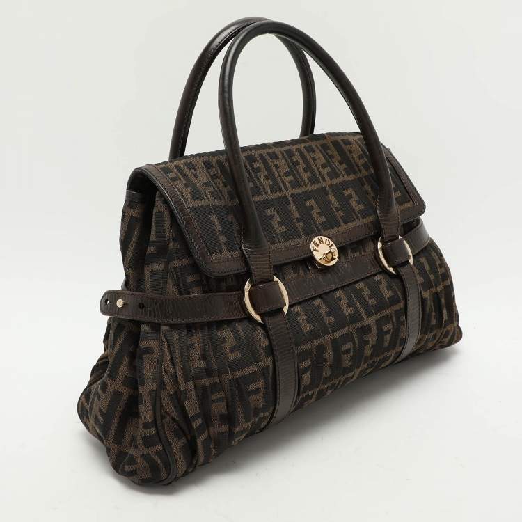 Pre Owned Fendi Brown Pleated FF Zucca Canvas and Leather Satchel
