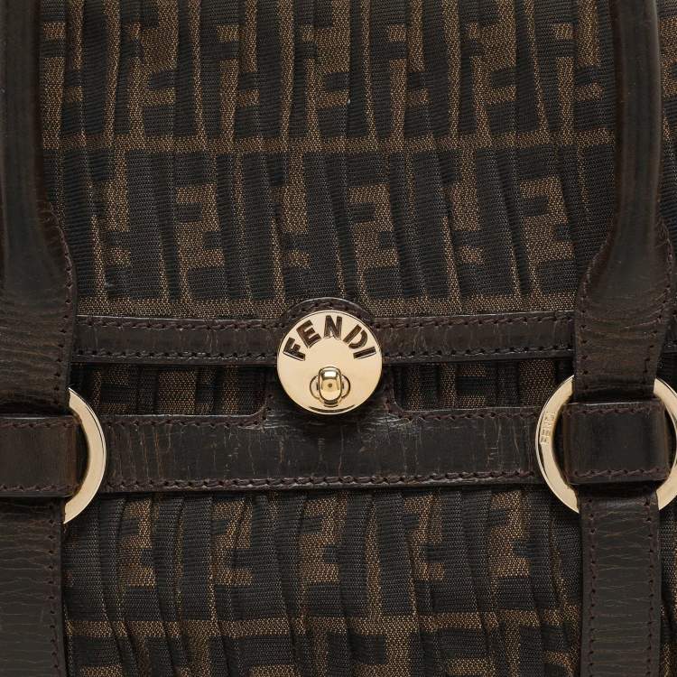 Pre Owned Fendi Brown Pleated FF Zucca Canvas and Leather Satchel