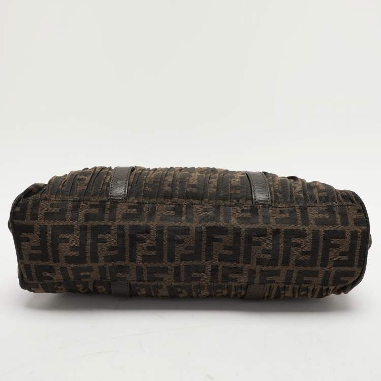 Pre Owned Fendi Brown Pleated FF Zucca Canvas and Leather Satchel