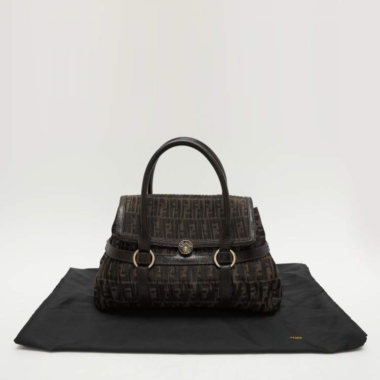 Pre Owned Fendi Brown Pleated FF Zucca Canvas and Leather Satchel