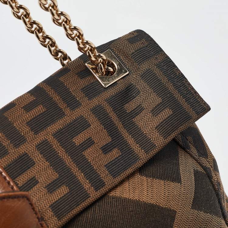 Pre Owned Fendi Tobacco Zucca Canvas and Leather Maxi Baguette Flap Shoulder Bag