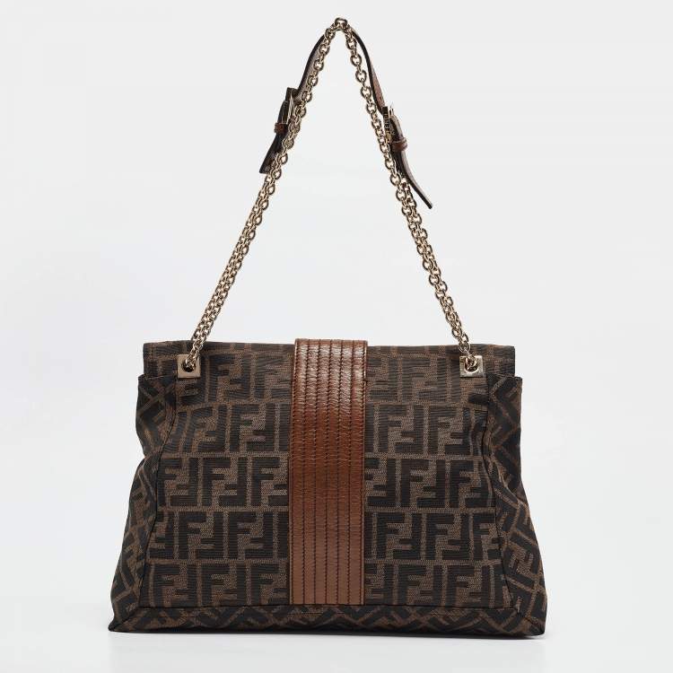 Pre Owned Fendi Tobacco Zucca Canvas and Leather Maxi Baguette Flap Shoulder Bag