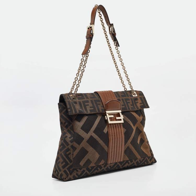 Pre Owned Fendi Tobacco Zucca Canvas and Leather Maxi Baguette Flap Shoulder Bag