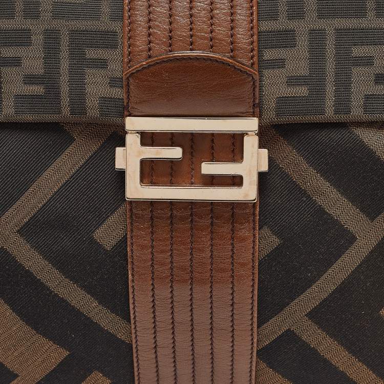 Pre Owned Fendi Tobacco Zucca Canvas and Leather Maxi Baguette Flap Shoulder Bag