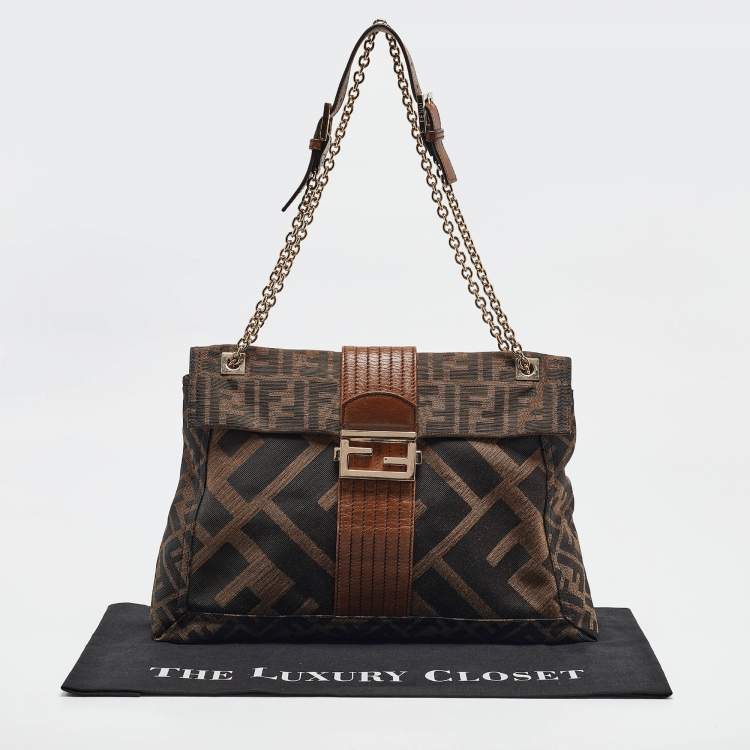 Pre Owned Fendi Tobacco Zucca Canvas and Leather Maxi Baguette Flap Shoulder Bag