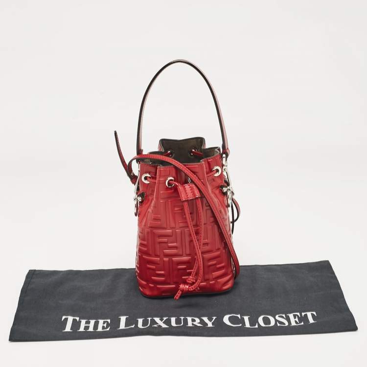 Pre Owned Fendi Red Zucca Leather Mini Mon Tresor Drawstring Bucket Bag