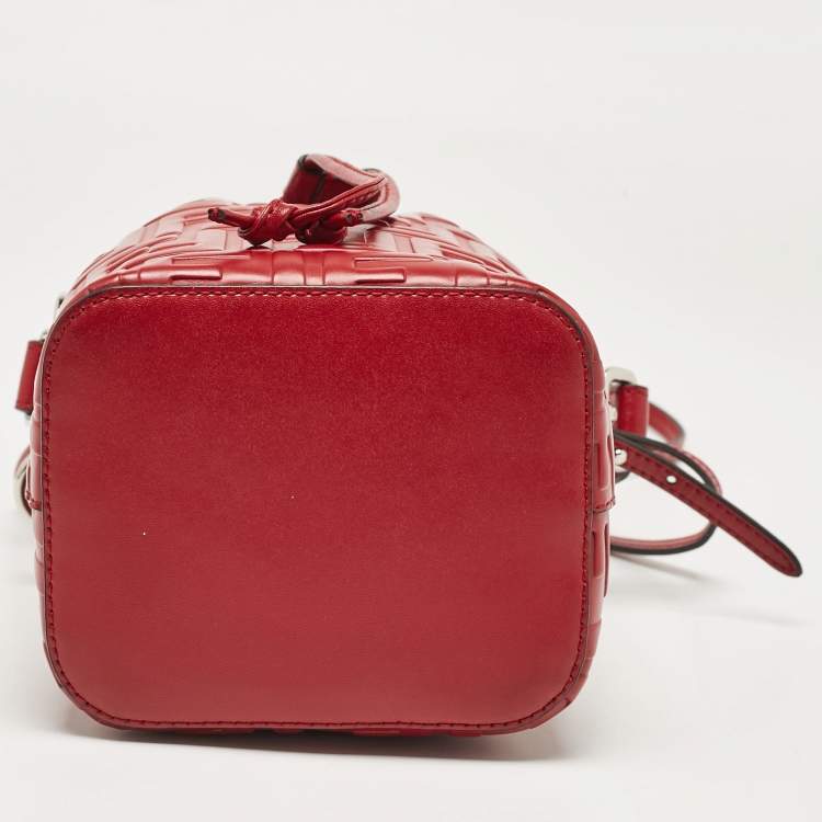 Pre Owned Fendi Red Zucca Leather Mini Mon Tresor Drawstring Bucket Bag
