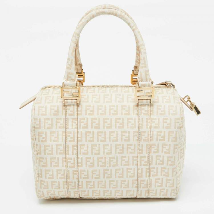 Pre Owned Fendi Beige Zucchino Coated Canvas and Leather Forever Bauletto Boston Bag
