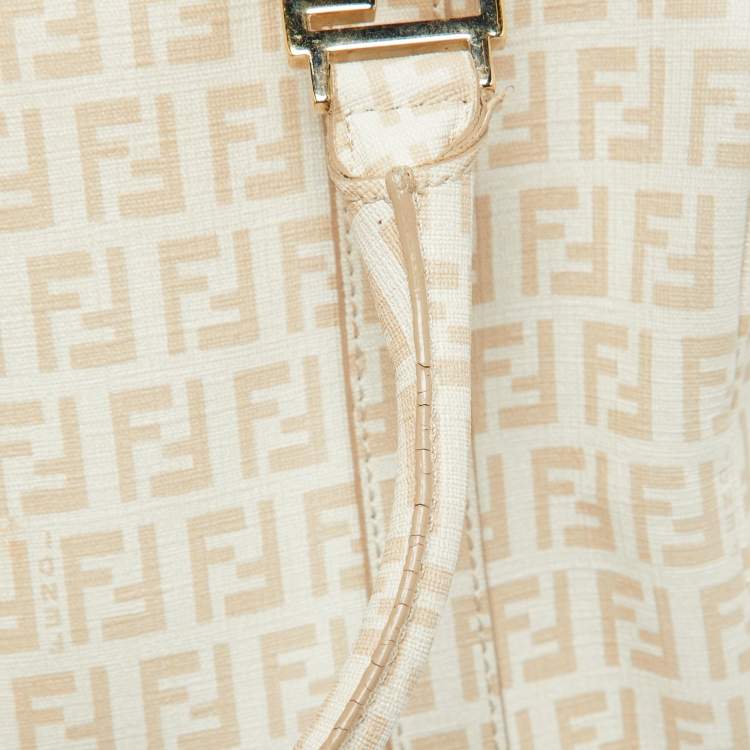 Pre Owned Fendi Beige Zucchino Coated Canvas and Leather Forever Bauletto Boston Bag