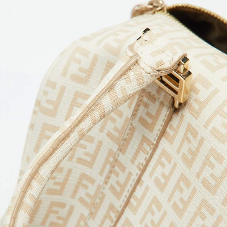 Pre Owned Fendi Beige Zucchino Coated Canvas and Leather Forever Bauletto Boston Bag