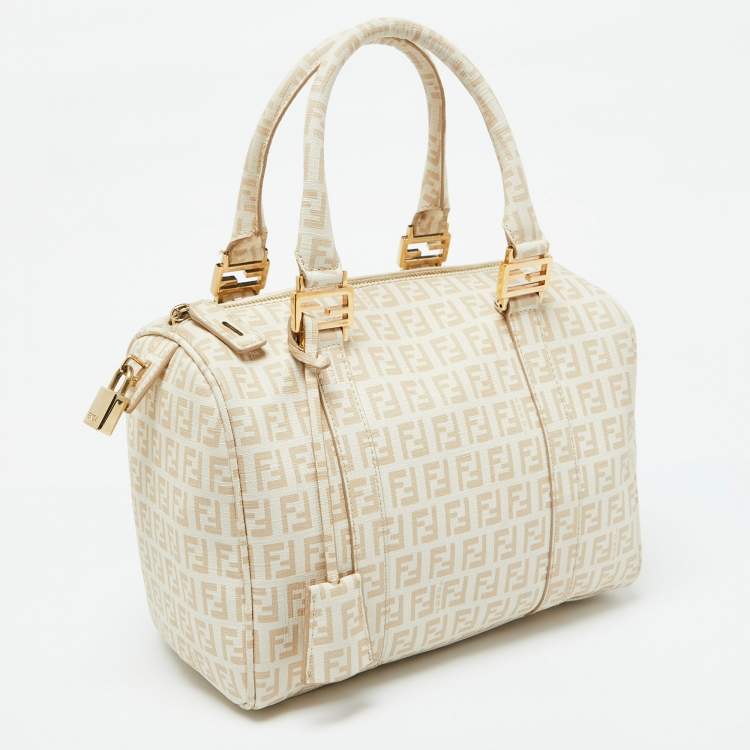 Pre Owned Fendi Beige Zucchino Coated Canvas and Leather Forever Bauletto Boston Bag