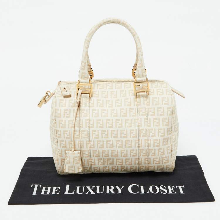 Pre Owned Fendi Beige Zucchino Coated Canvas and Leather Forever Bauletto Boston Bag