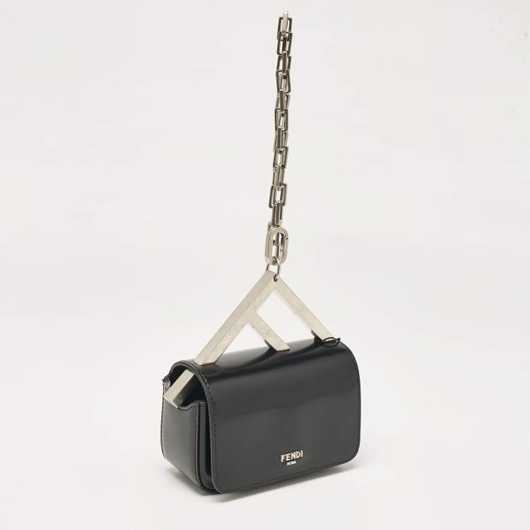 Pre Owned Fendi Black Leather Nano F Chain Clutch 