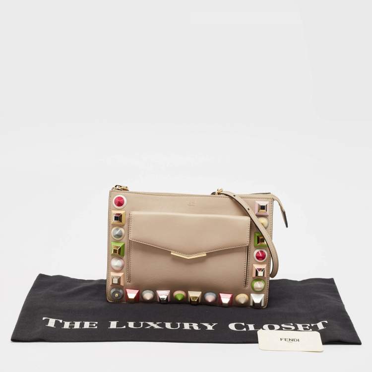 Pre Owned Fendi Beige Leather Rainbow Stud Crossbody Bag