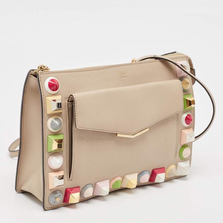Pre Owned Fendi Beige Leather Rainbow Stud Crossbody Bag
