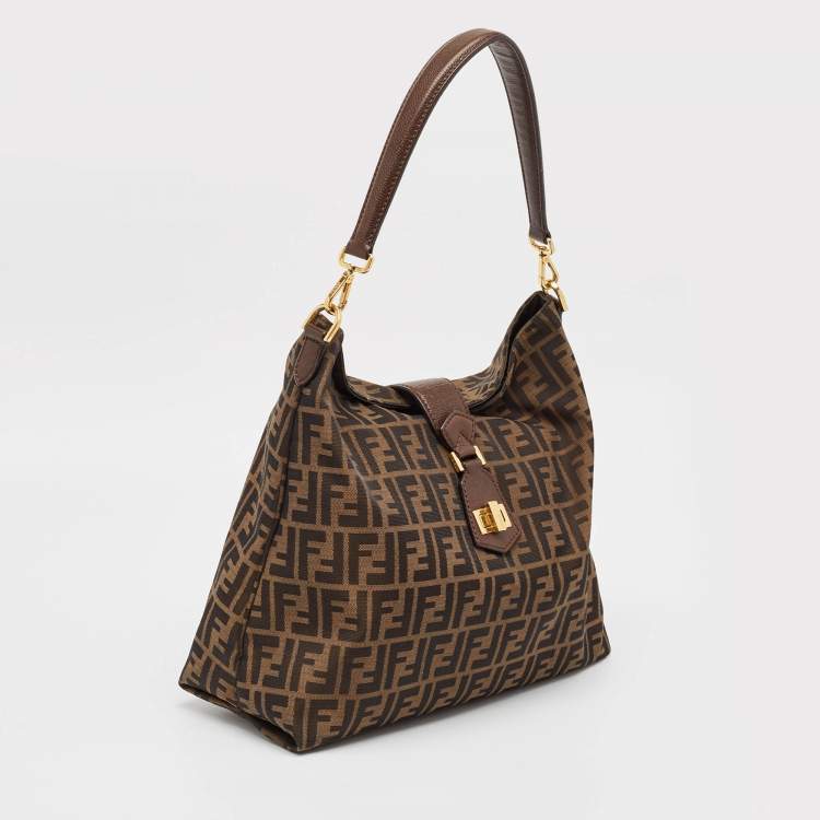 Pre Owned Fendi Tobacco Zucca Canvas and Leather Clasp Shoulder Bag