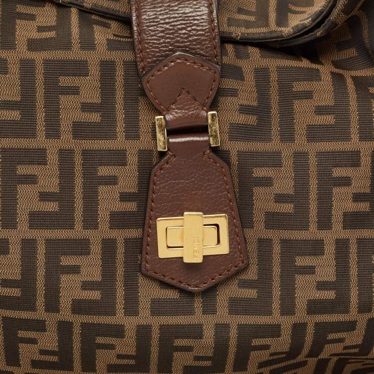 Pre Owned Fendi Tobacco Zucca Canvas and Leather Clasp Shoulder Bag