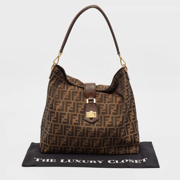 Pre Owned Fendi Tobacco Zucca Canvas and Leather Clasp Shoulder Bag