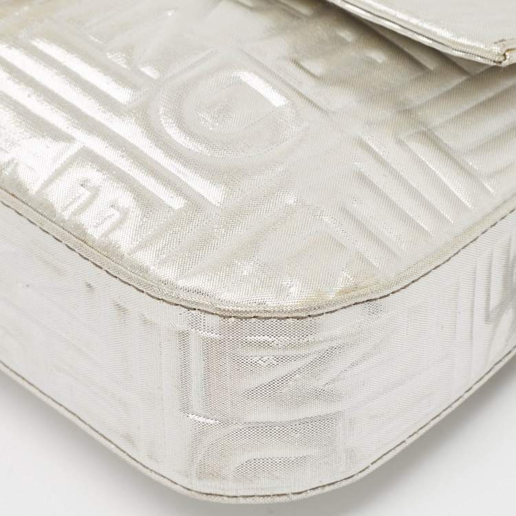 Pre Owned Fendi Silver Zucca Shimmer Fabric Baguette Flap Bag