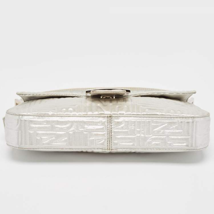 Pre Owned Fendi Silver Zucca Shimmer Fabric Baguette Flap Bag