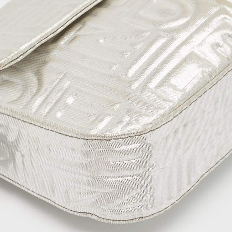 Pre Owned Fendi Silver Zucca Shimmer Fabric Baguette Flap Bag