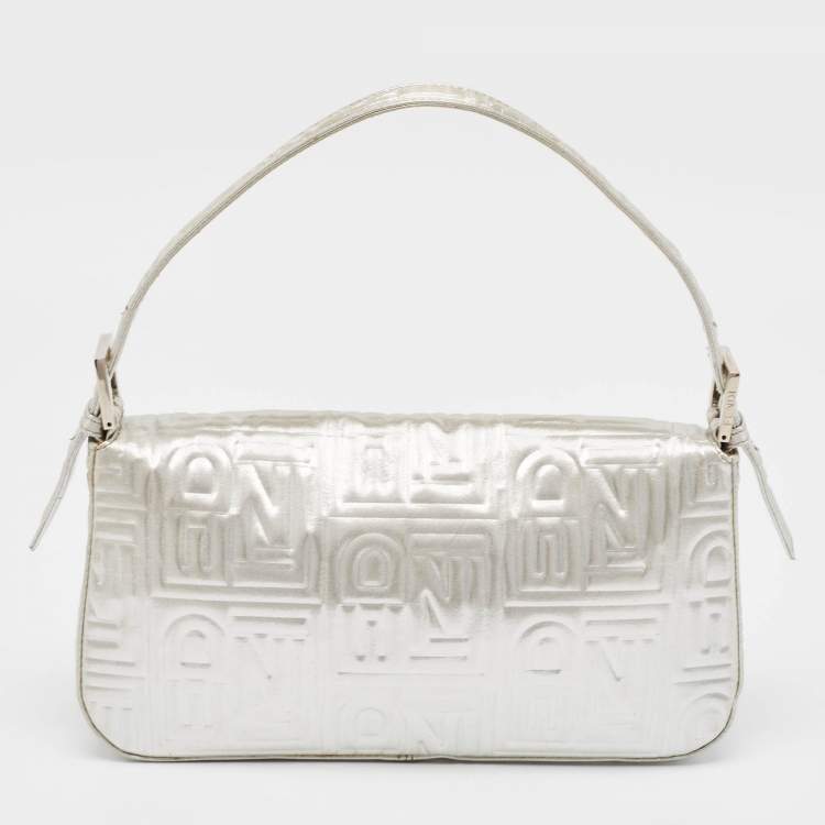 Pre Owned Fendi Silver Zucca Shimmer Fabric Baguette Flap Bag