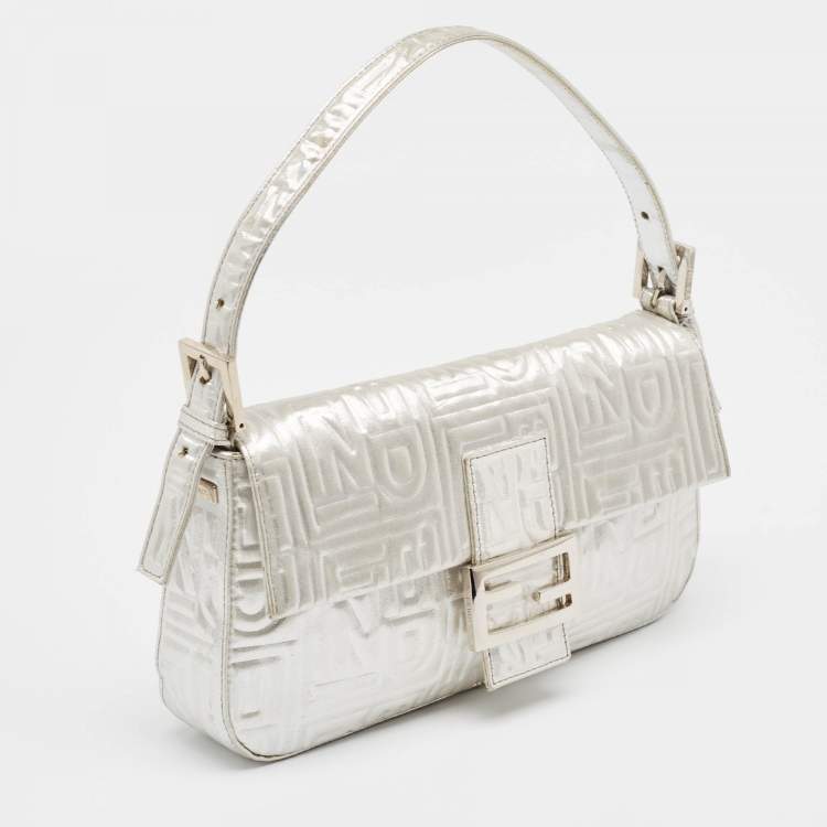 Pre Owned Fendi Silver Zucca Shimmer Fabric Baguette Flap Bag