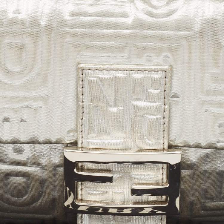 Pre Owned Fendi Silver Zucca Shimmer Fabric Baguette Flap Bag