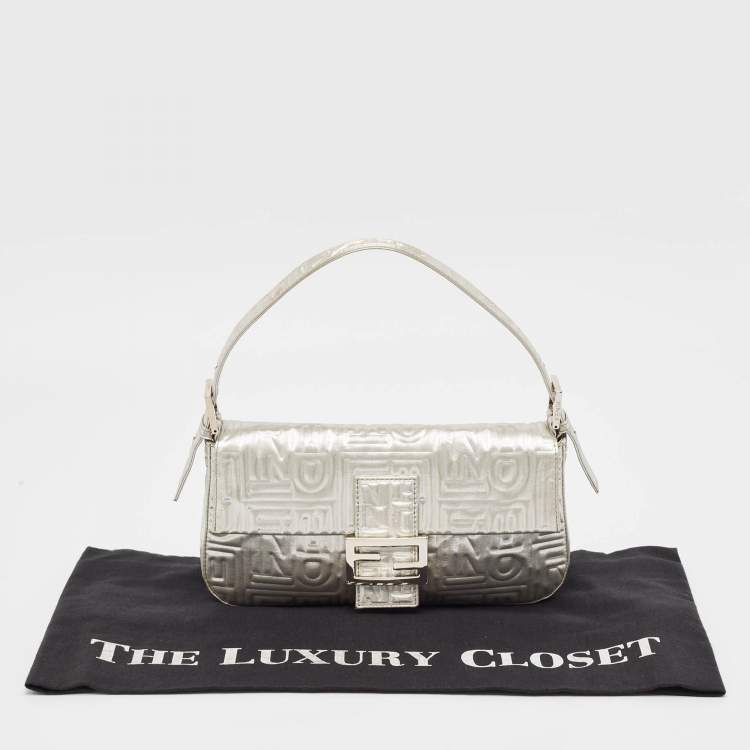 Pre Owned Fendi Silver Zucca Shimmer Fabric Baguette Flap Bag
