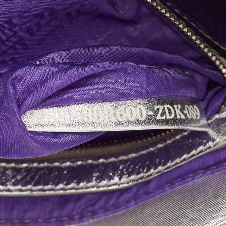 Pre Owned Fendi Silver Zucca Shimmer Fabric Baguette Flap Bag