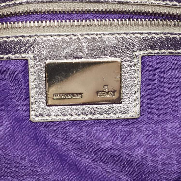 Pre Owned Fendi Silver Zucca Shimmer Fabric Baguette Flap Bag