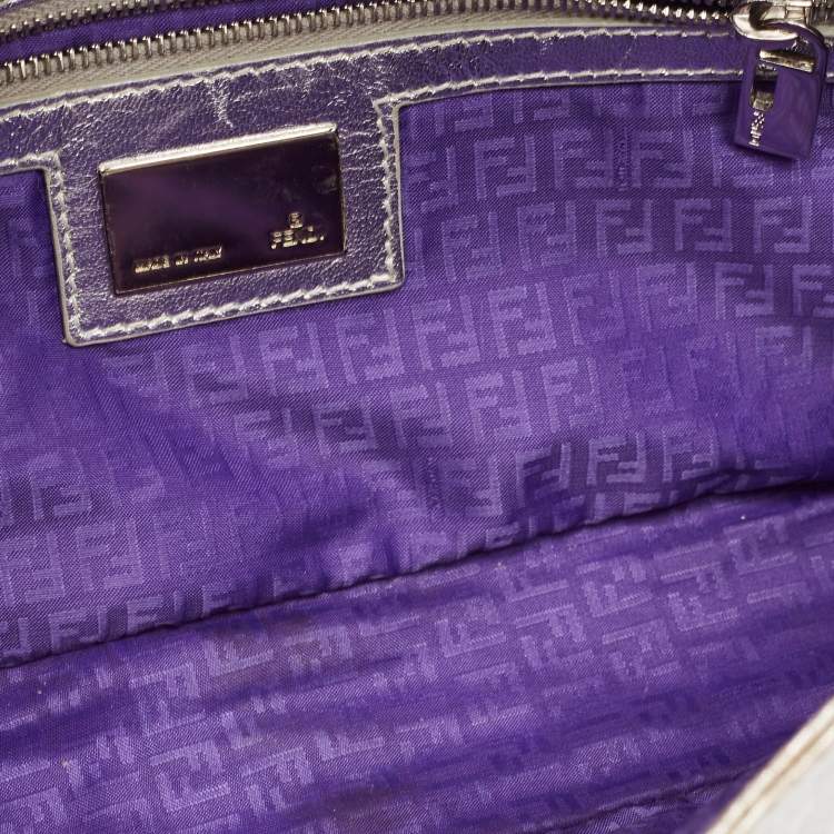 Pre Owned Fendi Silver Zucca Shimmer Fabric Baguette Flap Bag
