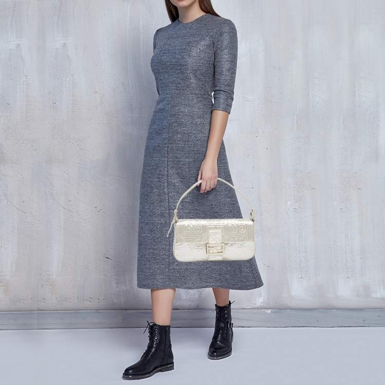 Pre Owned Fendi Silver Zucca Shimmer Fabric Baguette Flap Bag