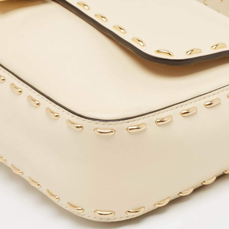 Pre Owned Fendi Beige Leather Metal Stitch Baguette Bag