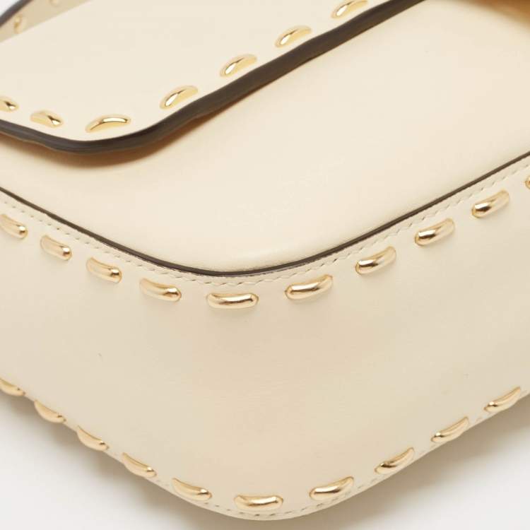 Pre Owned Fendi Beige Leather Metal Stitch Baguette Bag