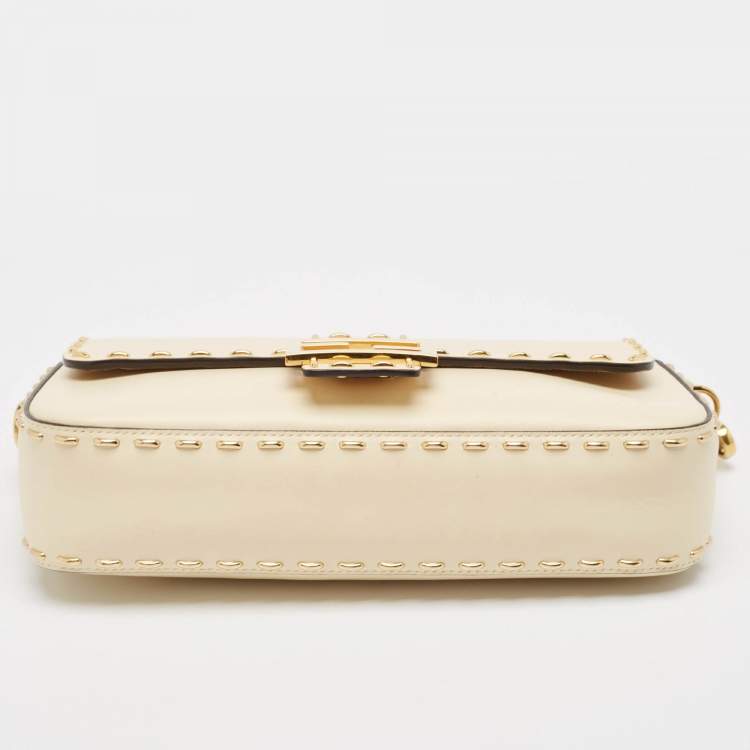 Pre Owned Fendi Beige Leather Metal Stitch Baguette Bag