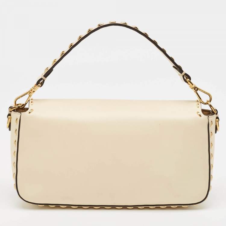 Pre Owned Fendi Beige Leather Metal Stitch Baguette Bag